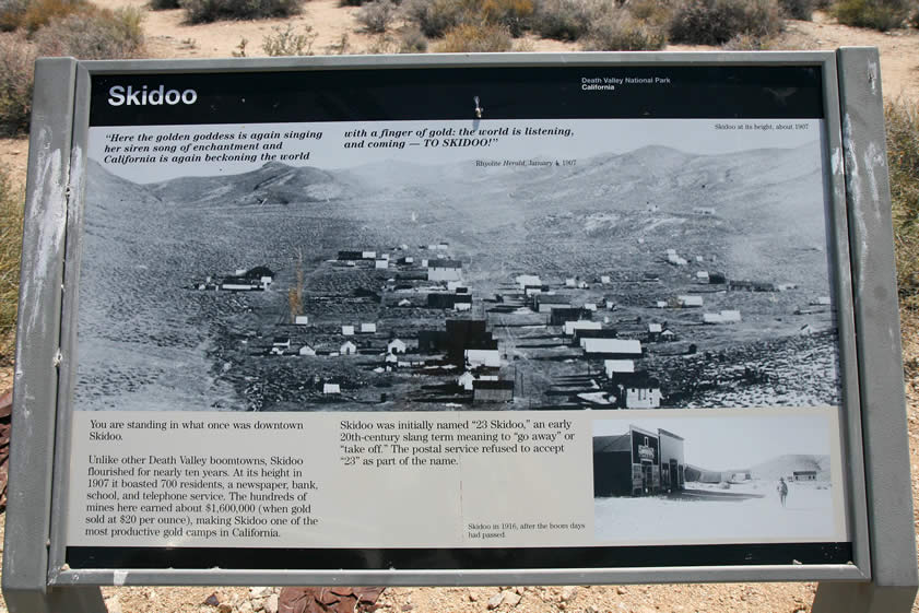 Finally, we arrive at our goal for today, the site of Skidoo.  Take a good look at the bustling townsite shown in the old photo on the sign, because there are no structures left standing here.  We hope that we'll be able to find some interesting remnants of the old town in the form of tin cans, broken bottles and such.