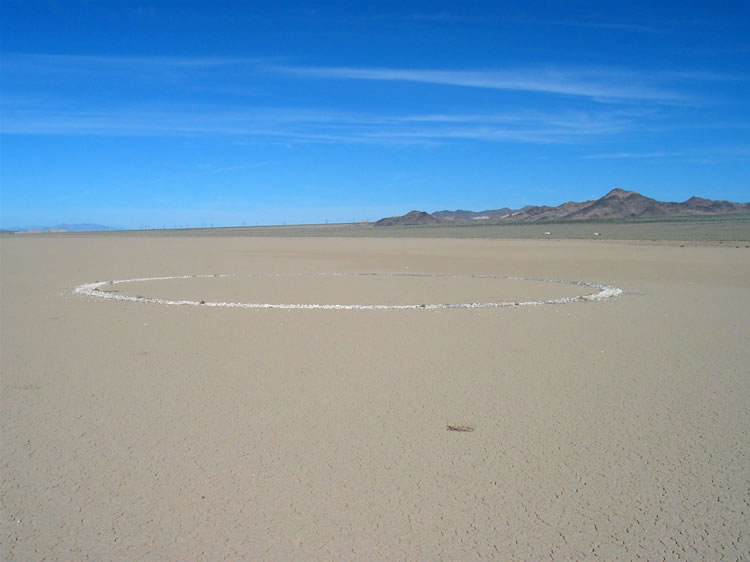 Out on the lakebed itself, where the "runway" would have been located, we discover this large circle, similar to those that contained compass roses such as the one at Muroc Dry Lake.