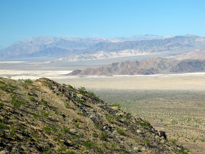 A view from the mine site of the southern Ibex Hills.  Saratoga Springs is to the left at the base of the hills as they end in the salt crusts of the Amargosa River.