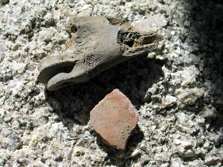 A small pottery fragment and piece of burned bone are found nearby.