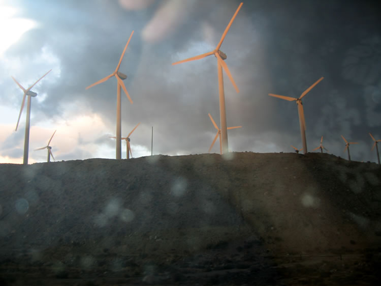 The rain finally arrives as we pass the wind turbine farm near Palm Springs.