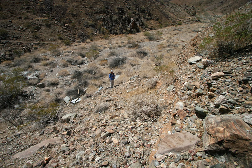 That looks like an interesting area to explore, so Niki tests out the slippery trail down to the wash.