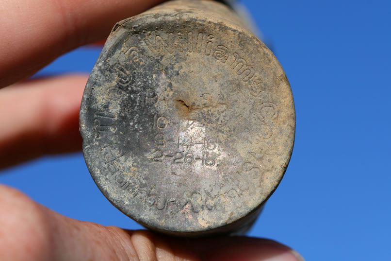 The bottom of what appears to be a shaving stick container is embossed with the wording "The J. B. Williams Co., Glastonbury, Conn., USA."  In addition, three patent dates, 1914, 1916 and 1918 are inscribed inside the company information.