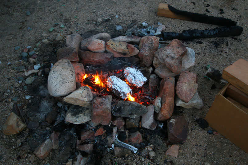 Soon, it's time to pop our foil wrapped "Kitchen Sink Stir Fry" dinners on the fire to heat up while we enjoy the age-old ritual of campfire chatter punctuated by moments of contented silence and thoughtful appreciation of those early miners and pioneers who in turn ended their day's work in much the same fashion.