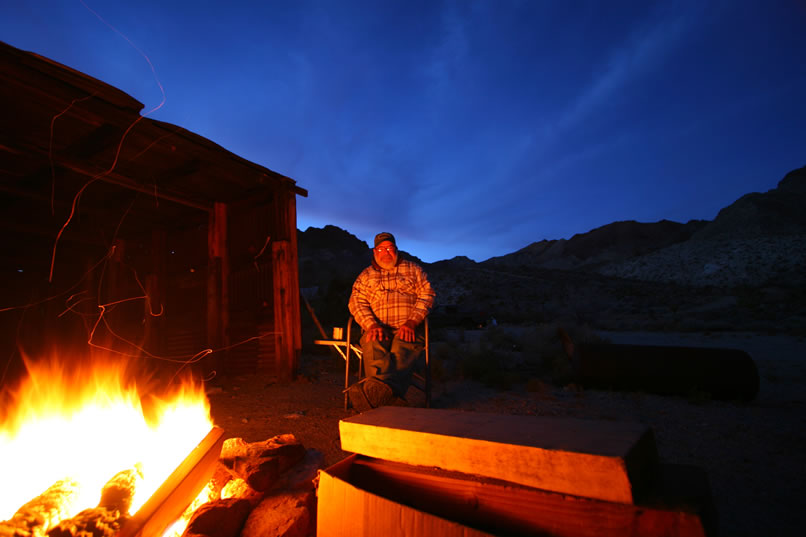 Only when we run out of firewood are we able to tear ourselves away from our enjoyment of this beautiful evening.  Tomorrow, we hope, will find us high on the slopes of the surrounding mountains exploring the New Trail and Bullion Mines.  Sometimes, though, we have to re-learn the lesson that out here, the desert is in control and not us!  To find out what tomorrow brings, click here.