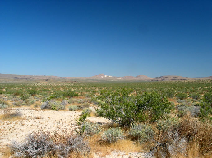 Looking west at Opal Mountain and its distinctive markings.