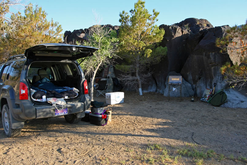 In what seems like no time at all, we've got our gear unloaded and the sleeping bags laid out in the rear of the truck.