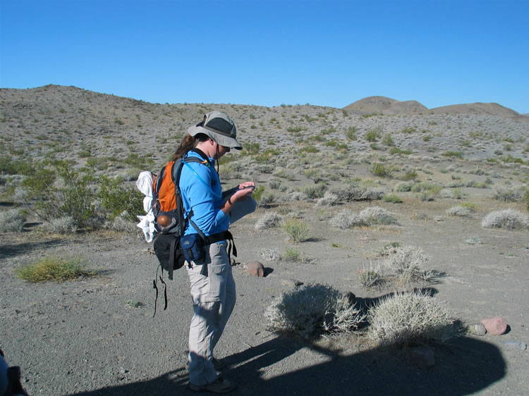 We've packed up and moved the Lizardmobile over to the trailhead.  Niki sets up the GPS with our first waypoint and we're off.