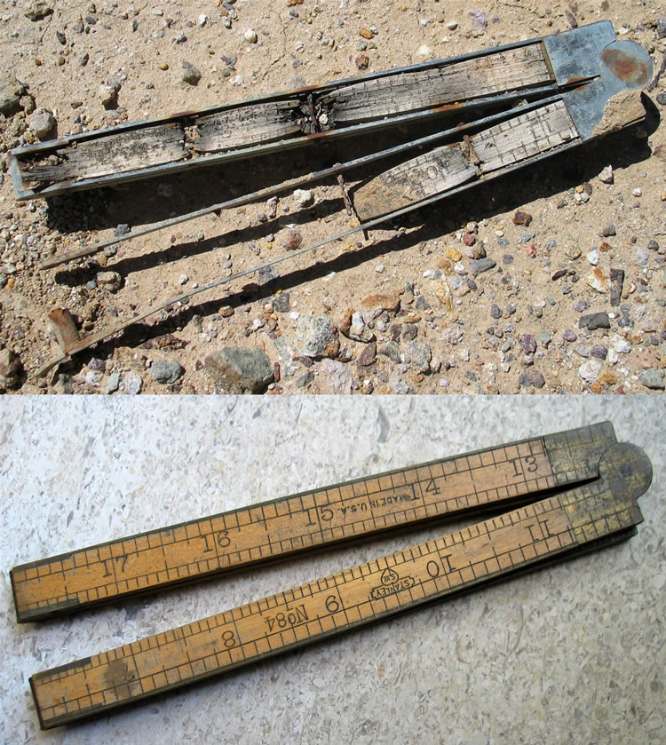 From our photos and notes we were later able to not only identify the ruler, but to find and purchase from a collector the same model as a souvenir of the trip.  Here's a split view of the one at the Epsom Salts Mine and the one that we bought.