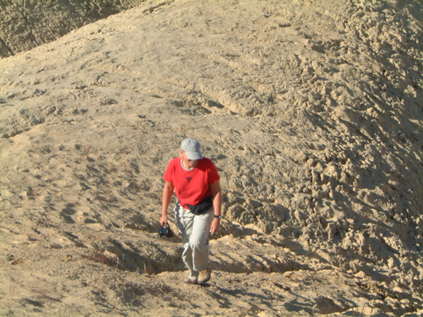 Hiking up the mud hills.