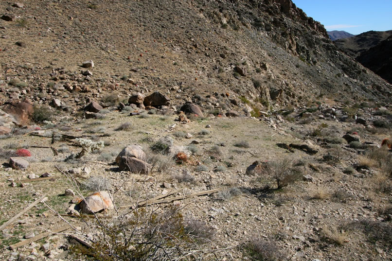 In this view, looking down from below the bottom of the tailings pile, you can see the subtle visual evidence of the location of the upper and lower clearings.  It's in this area where the habitation sites were probably located that most of the historical artifacts are to be found.