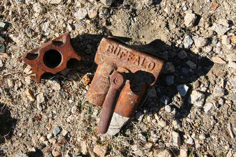 Our best find here is a bit of old machinery with the word "Buffalo" embossed on it.  A bit of sleuthing shows that the Buffalo Forge, which operated from 1877 to 1952, manufactured, among other things, blacksmith forges.  It also had a subsidiary company, the Buffalo Steam Pump Company, that produced ventilation pumps and gear driven blowers.  It's quite possible that this fragment is linked to these manufacturers.  After this find, we decide to call this site the Buffalo Mine...it sounds a lot better than the Unidentified Mine Site!  heheheh