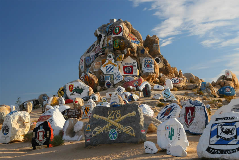 Just before the visitor center is an area of jumbled rock that has become known as Painted Rocks.  The artwork here is spectacular and shows that the Army takes great pride in their units.