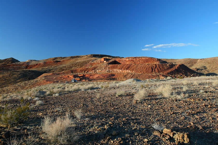 After saying our goodbyes, we head for the Calico Mountains.  Here you can see the Lizardmobile near the old Leviathan silver mine.  We've used this campsite before and like it because it's off the beaten path and has some great views down toward Daggett and Barstow.