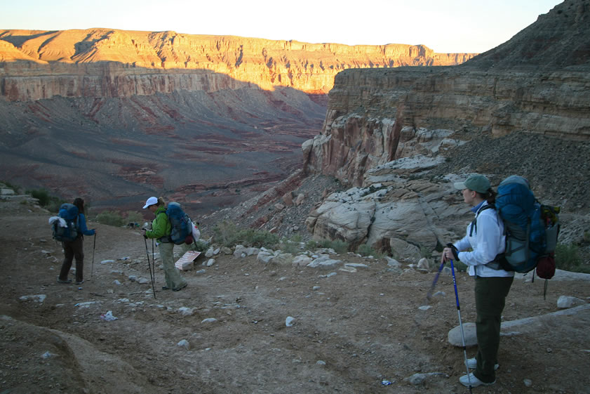 The initial downhill is very steep.  Hiking poles help a lot with the weight of our packs which are heavy with water for the day and food for five days.