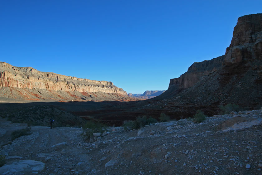 We're almost down to the canyon bottom now.  Hopefully, we'll even get some sun on us soon.