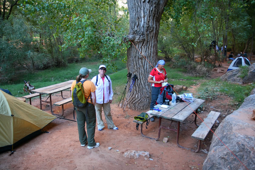 The best campsites at the edge of the creek are taken but many of those campers will be leaving tomorrow so we just grab a spot for the night and then head back up to the falls.