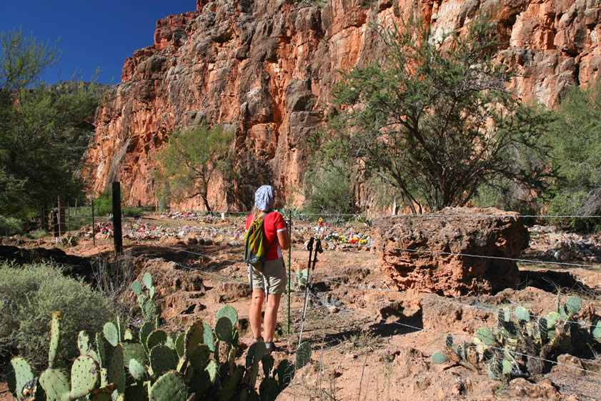 After the hike down on Monday, and Tuesday's hike to Beaver Falls, the Dzrtgrls are ready for a rest day!  Also, junk food is calling!  We all decided to hike the two miles up to Supai to see what the cafe and store have to offer.  On the way up we stop to take a few photos of one of the colorful and well maintained Indian cemeteries.