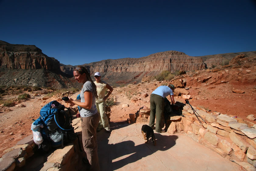 Before we know it, we're at the stone ruins that mark the beginning of the steep mile and a half ascent back up to the trailhead at Hualapai Hilltop.  We enjoy a snack and dump out all but a bit of our water to lighten our load.