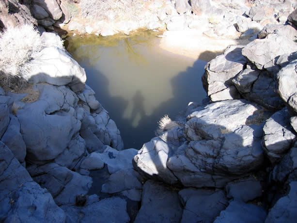 Niki takes a picture of her shadow on the ice covered water below.