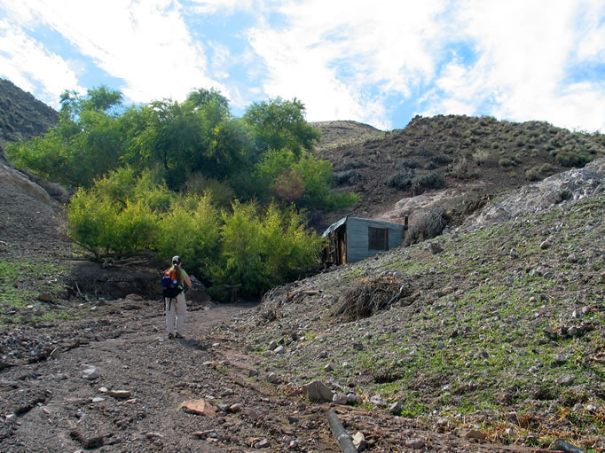 However, a short walk up the trail gives us a look around the ridge and there, nestled between the hillside and the trees, is our goal.  The "lost" cabin has been rediscovered!