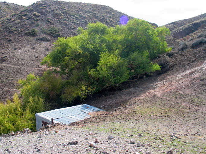 A view down at the spring area and cabin.