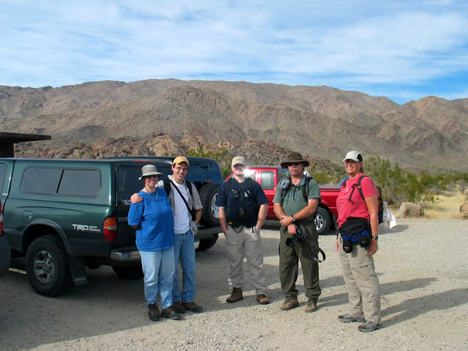 Alysia and Guy, Dezdan, Lewis, Jamie and Niki hidden behind the camera at the start of the hike to the Contact Mine.