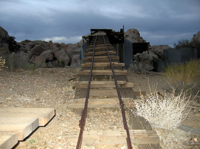 Looking up the inclined track to the jaw crusher, where ore initially too large to drop through the grizzly and then into the ore hopper, was crushed to a manageable size.