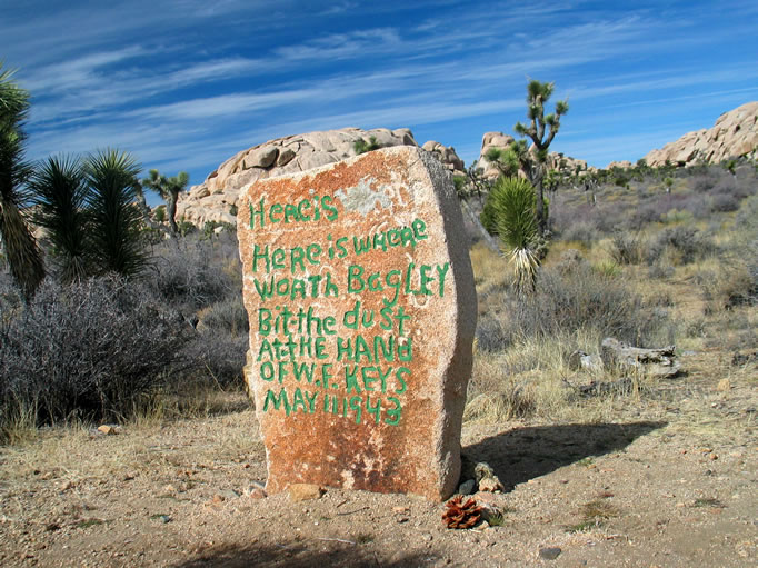 Bill Keys did a lot of gravestone carving.  This one marks the grave of Worth Bagley, who Keys shot in self defense during an argument about the use of the road.  He also carved the gravestones for his wife and children who are buried nearby at the site of his ranch.