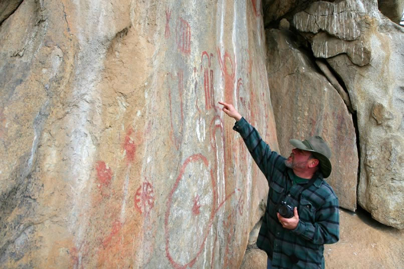 Jack goes on to explain that a sample of red pigment has recently been radiocarbon dated and provided a date of A.D. 1001 to 1022.  It appears that these pictographs were Tubatulabal in origin with strong Yokut influences.  In the 1980's, a theory that the site may have served as a winter solstice sunrise observatory was put forth.