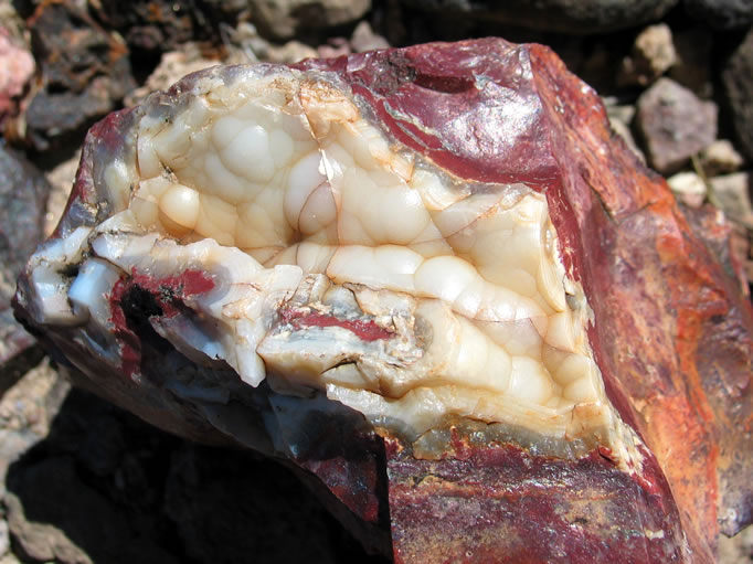 A pocket of bubbly chalcedony in a piece of jasper. 