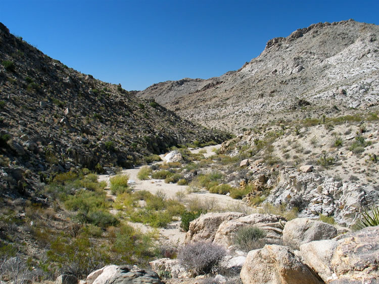 The shelf road climbs over a ridge and then descends into a side wash where it disappears.  Here's a view looking back on our route from the high point.