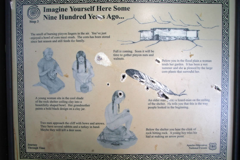 The Black Canyon Rock Shelter is located near Heber in the Apache-Sitgreaves National Forest.  In the upper right of the interpretive panel is an artists rendering of what the shelter might have looked like in its later stages.  The panel also lets us know that the shelter is thought to have been in use from about 900 years ago up until historic times.  It's only a short hike to the shelter so let's get up there and take a look around.