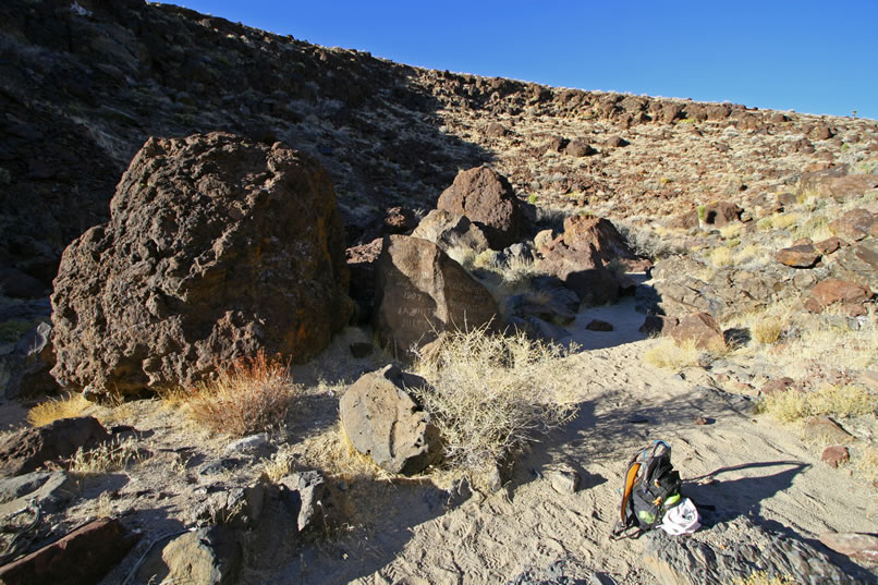 The best find of all is a well carved boulder with two panels.  You can just see it in the center of the photo.