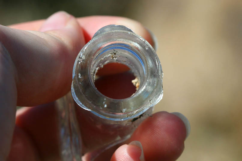 Adjacent to what appears to have been the well site is a clearing that is carpeted with scattered debris and is our candidate for the location of Lee Lyons's cabin.  Here's a look at a glass bottle top that has some interesting tabs.