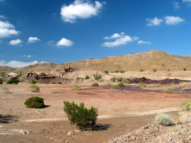 We arrive at the camp area and mill site near Owl Hole Spring.  This area was used first by the Owls Head Mine, and later by the New Deal and Black Magic Mines as they mined the lesser grade ore that was left.