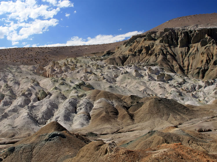 The spires on the hillside are what Mary Frances Strong refers to as "The Hidden Forest," a grouping of petrified trees standing on mud pedestals.