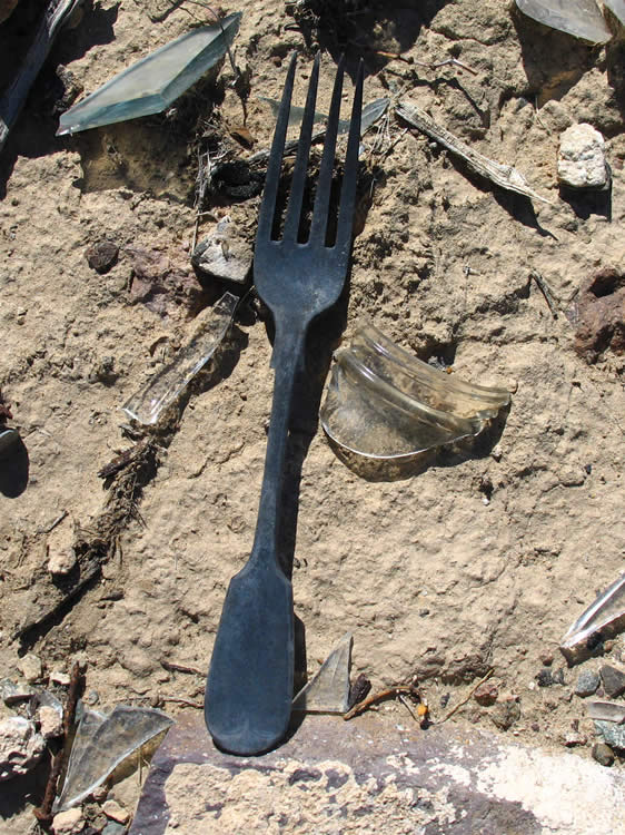 An old fork stands out among the scattered debris.