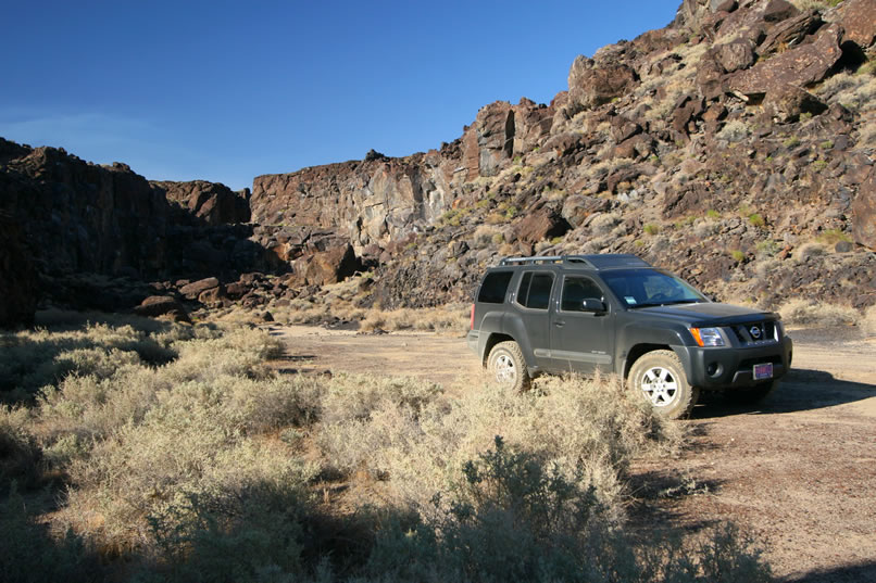 Here's a look at Niki's new Xterra with Fossil Falls in the background.