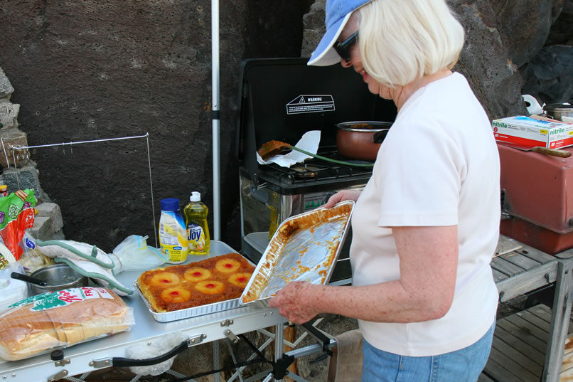 ... a spectacularly delicious pineapple upside down cake baked in their own camp stove!  Hurrah!  What a stroke of cooking wizardry!