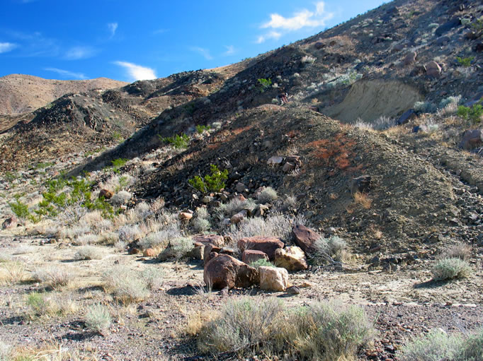 As we passed Owl Lake and began to climb south up the canyon, we looked for the entrance on our right to Sagenite Canyon.  Here we are parked on the wide, flat wash bottom.  Niki is already checking out one of the old diggings.