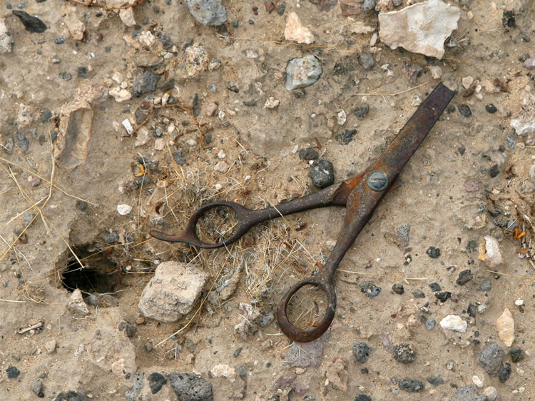 A broken pair of barber-style scissors.
