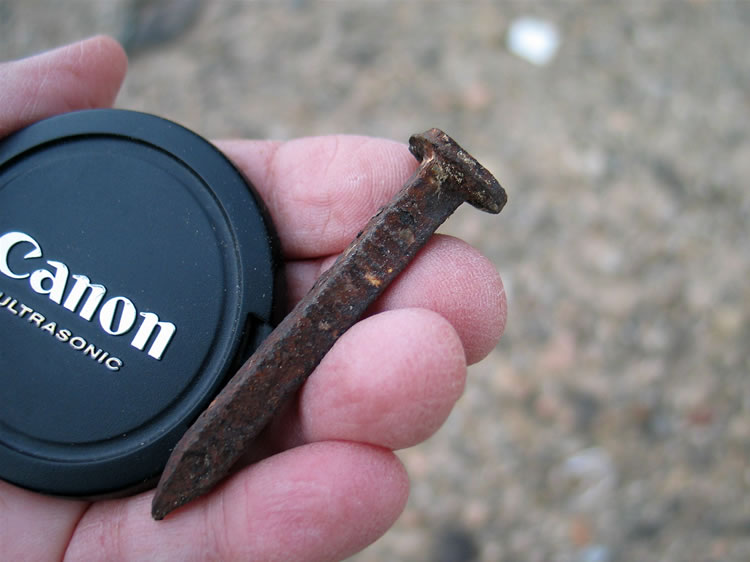 Amidst the debris of another structure site Jamie finds a date nail.  These nails were hammered into railroad ties in the past and it's not unusual to find them in areas where those ties have been used as building material.