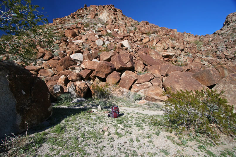 Further along our route to the mine, we discover more evidence of Indian use in this rocky cove next to the main wash.