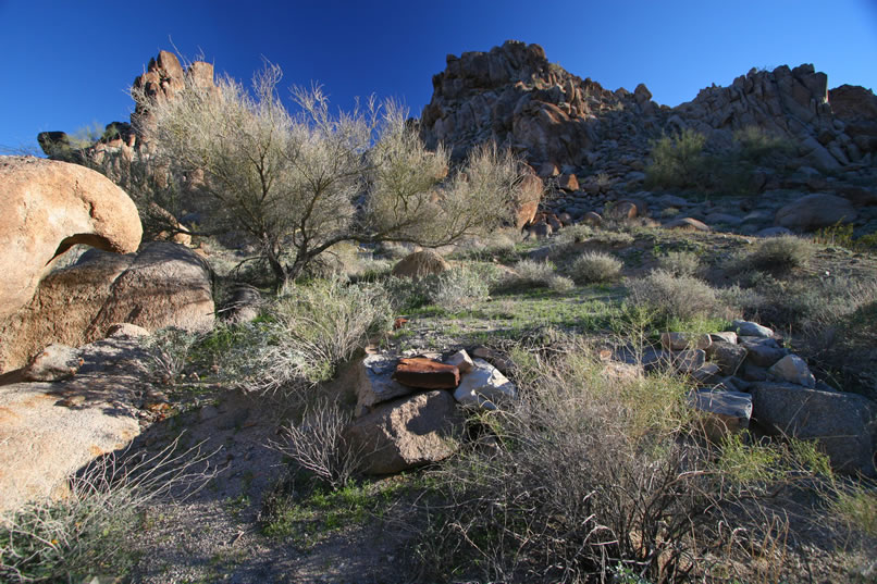 Last time, after finding the ruins of the upper tram tower, we surmised that it must have run down from the notch in the hill in the background to a lower terminal in the valley below.  Here are the stacked rock foundations for what was most likely the lower tram terminus.