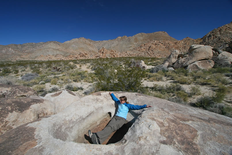 After finding a snug granite cove for a campsite, we explore the area and find a hot tub sized tank in a nearby boulder.