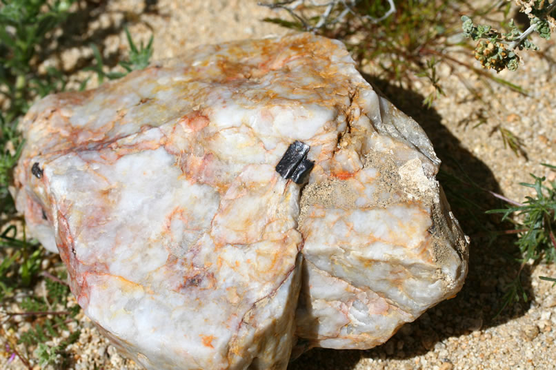 A large chunk of quartz with an unusual black inclusion catches our eye.