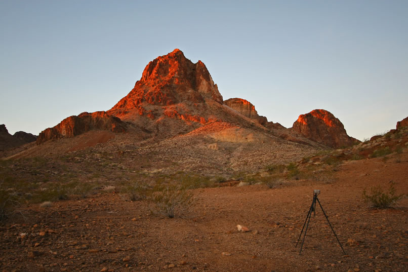 There's often a fleeting moment at both sunset and sunrise when the glow is absolutely intense.  This morning we're lucky enough to capture it as it lights up Mohawk Peak.  Notice the time lapse camera on the tripod in the foreground.  If you'd like to check out the animated string of photos that it took over a two hour period, you can do so by clicking on the next photo.