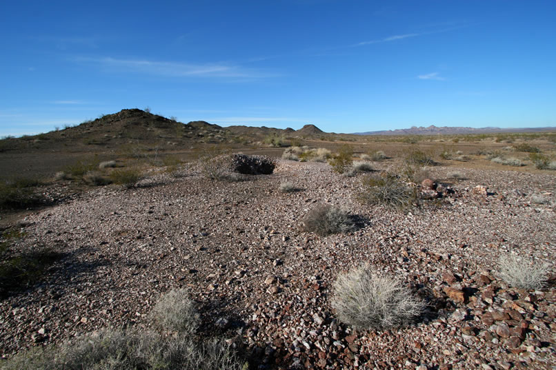 Nearby, in the center of a wide scatter of quartz, is the steeply inclined shaft of the mine.