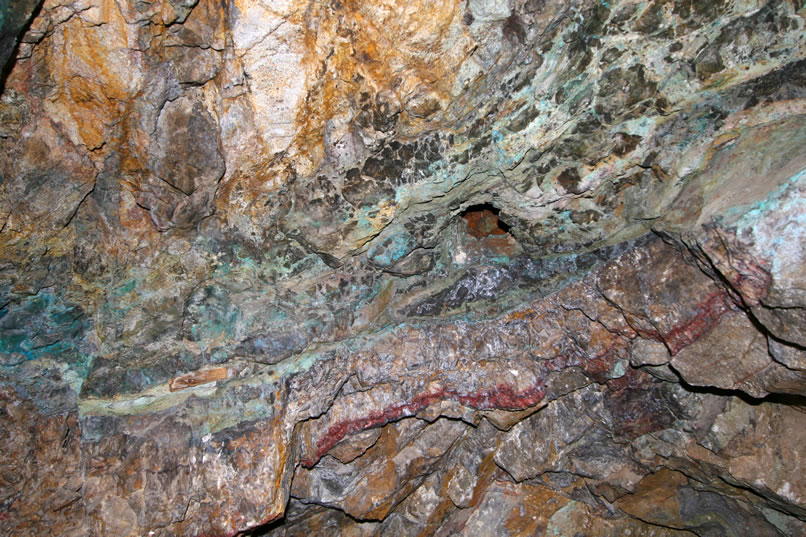 The veins of copper are even more spectacular inside the mine where they haven't been exposed to the elements as much.